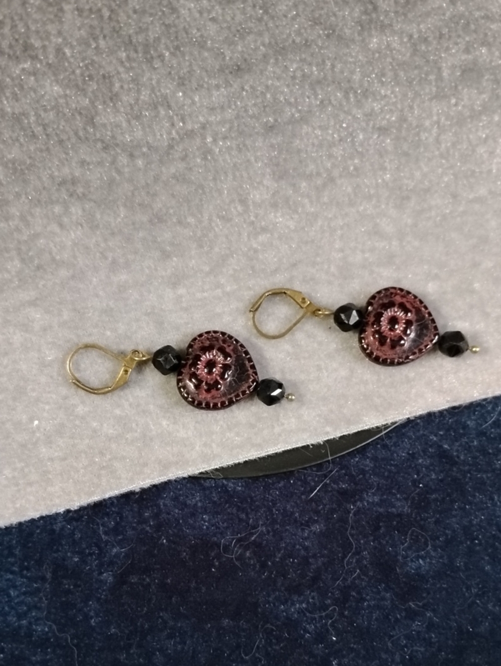 Handcrafted Red and Black Czech GlassFloral Heart Drop Earrings
